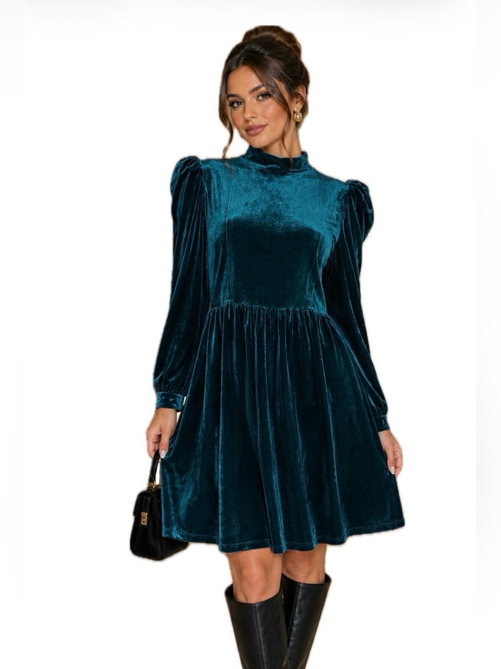 Zara Green Teal Puff Shoulder Velvet Dress XL